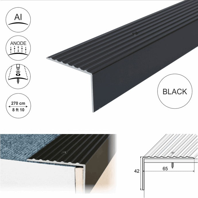 Premium Non Slip Anodised Aluminium Heavy Duty Ribbed Treads Stair Nosing Edge Trim For Carpet