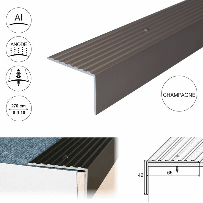 Premium Non Slip Anodised Aluminium Heavy Duty Ribbed Treads Stair Nosing Edge Trim For Carpet