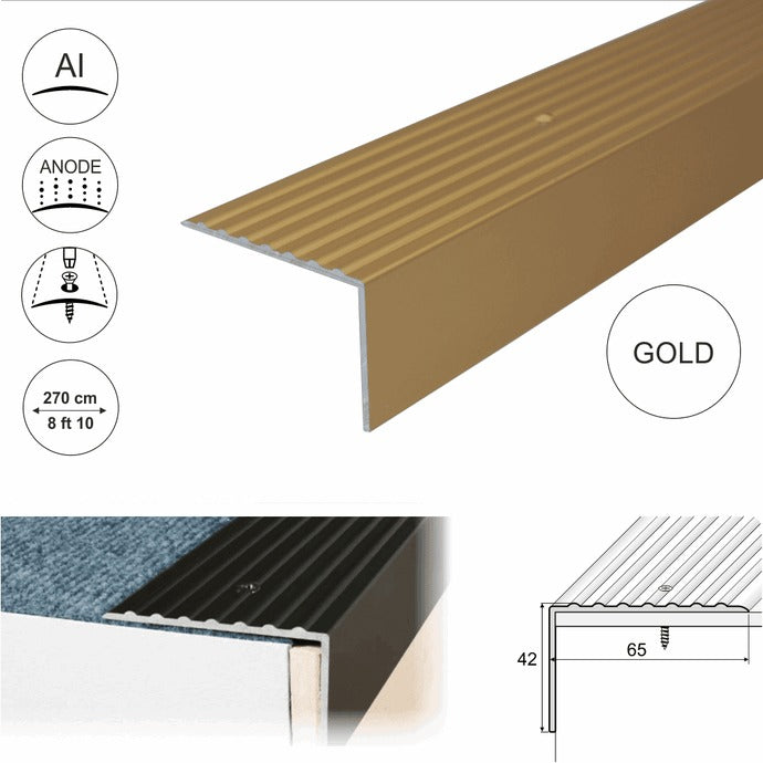 Premium Non Slip Anodised Aluminium Heavy Duty Ribbed Treads Stair Nosing Edge Trim For Carpet
