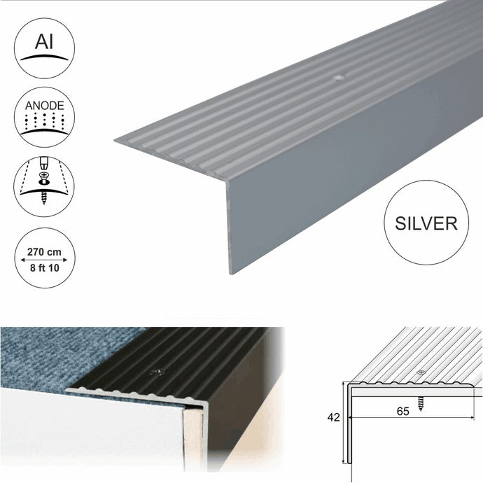 Premium Non Slip Anodised Aluminium Heavy Duty Ribbed Treads Stair Nosing Edge Trim For Carpet