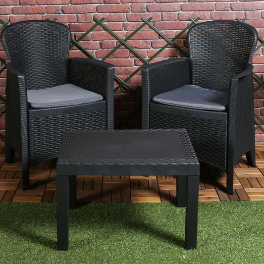Premium Outdoor Garden Furniture 3pc Cushioned Black Rattan Table Chair Set