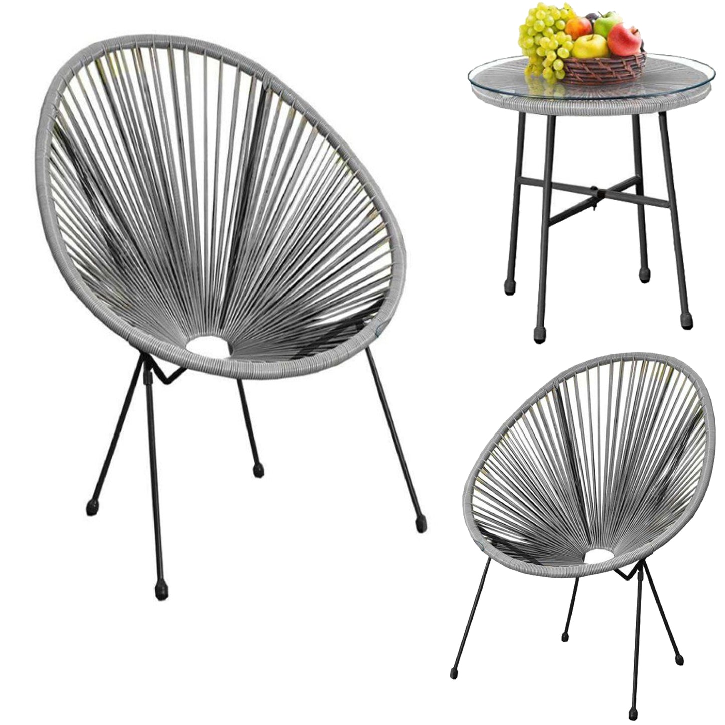 Premium Grade Grey Egg Chair Outdoor Bistro Set Garden Patio Chairs & Coffee Table Rattan 3pc