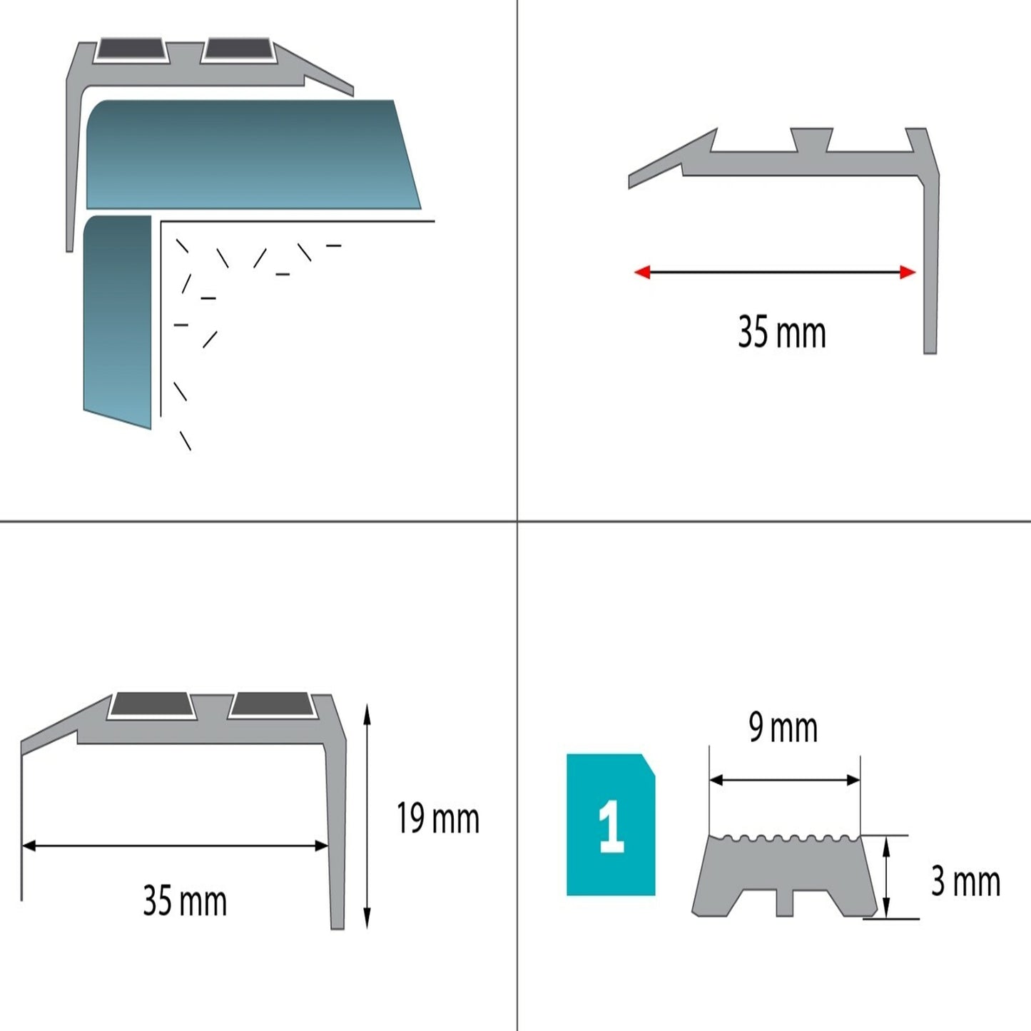 High Traffic Non Slip Aluminium Stair Nosing Edge Trim Step Nose Edging Nosings Rubber Slips
