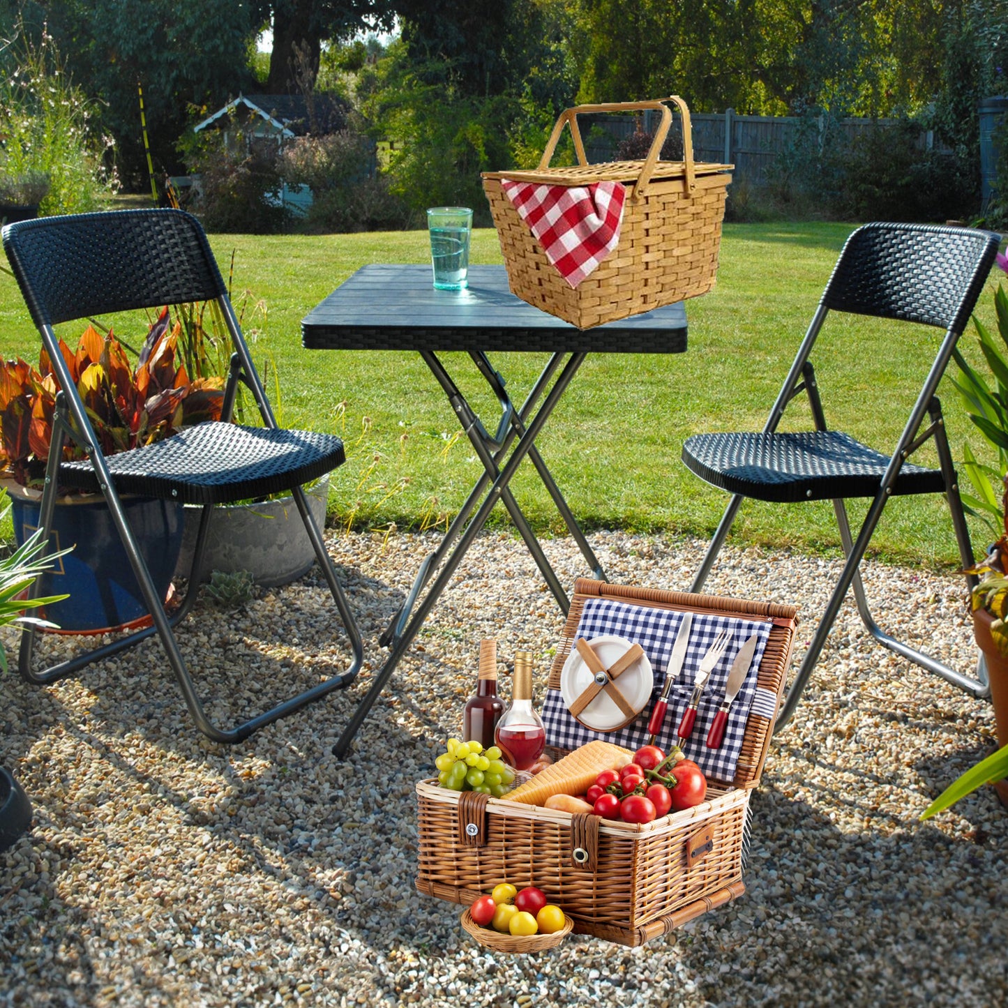 Premium Grade Folding Bistro Set Rattan Effect 2 Seats & Table Outdoor Plastic & Steel Frame