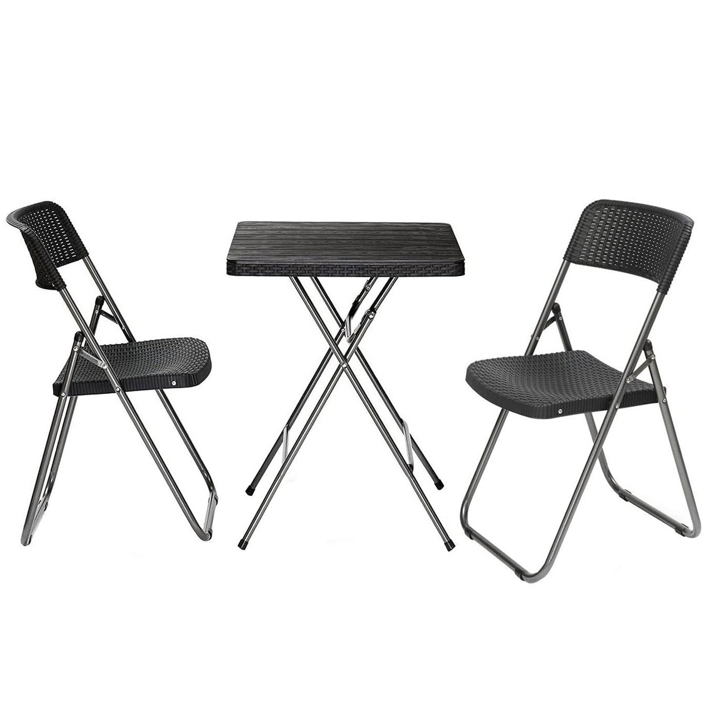 Premium Grade Folding Bistro Set Rattan Effect 2 Seats & Table Outdoor Plastic & Steel Frame