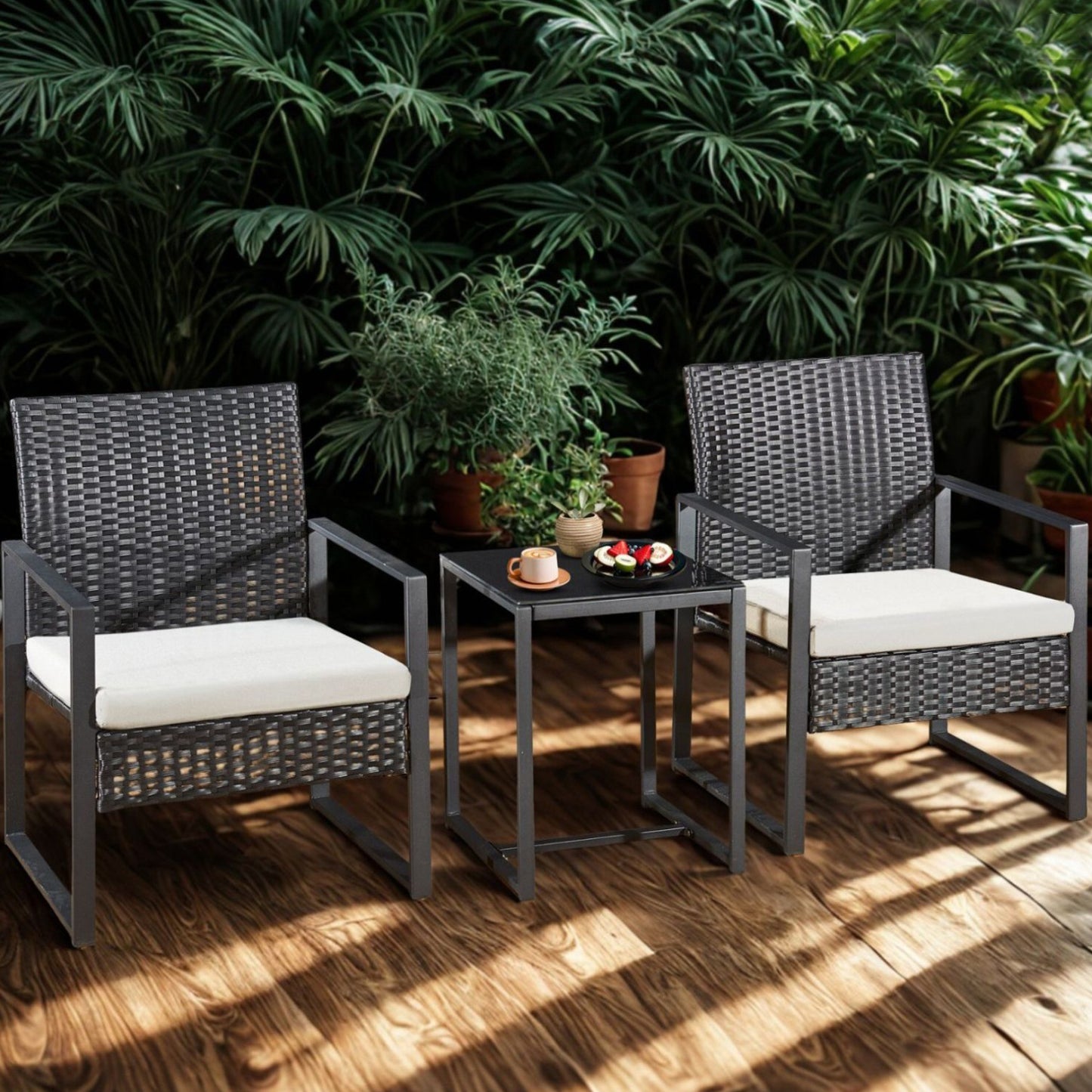 Rattan Bistro Set Outdoor Garden Furniture Table & 2 Chairs Patio Set Black 3 Piece