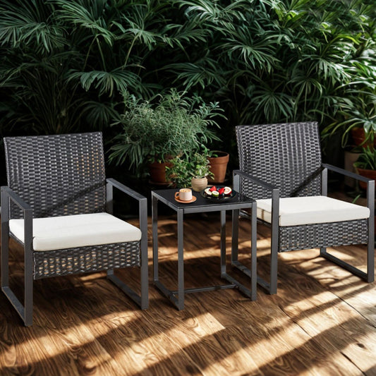 Rattan Bistro Set Outdoor Garden Furniture Table & 2 Chairs Patio Set Black 3 Piece